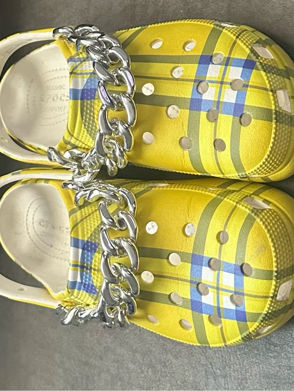 CROCS Yellow Plaid Clogs with Silver Chain Accent